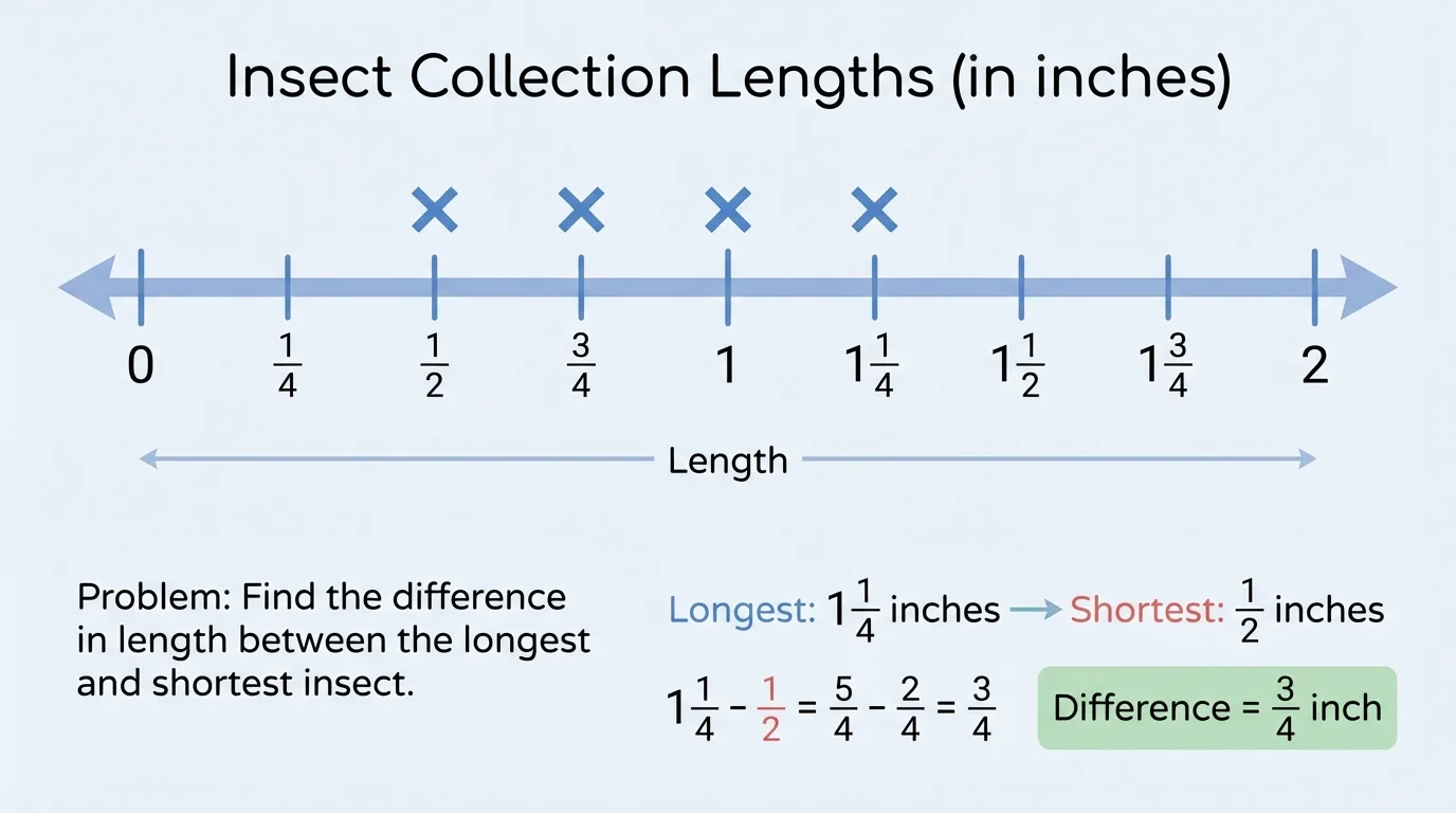line plot number line from 0 to 2 marked in fourths with Xs above 1/2, 3/4, 1, and 1 1/4