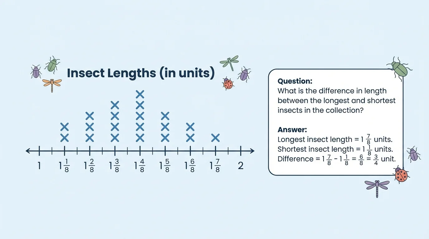 line plot of insect lengths in eighths from 1 to 2 units with shortest at 1 1/8 and longest at 1 7/8