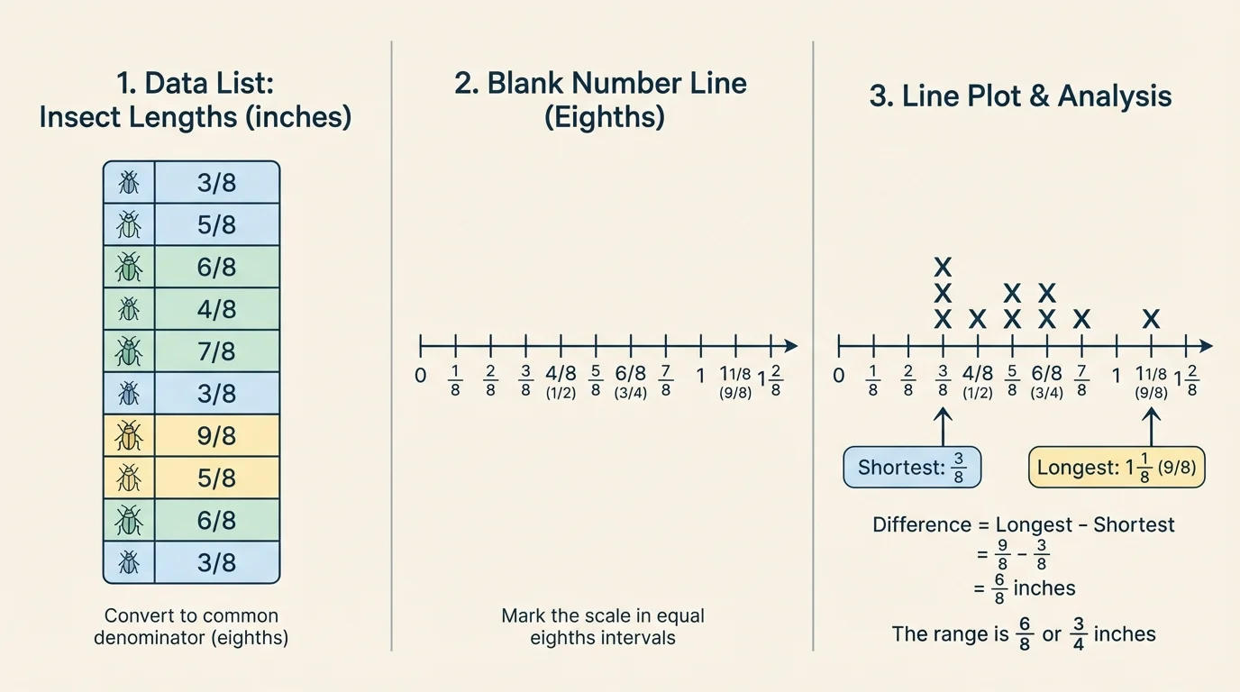 three-part chart showing a list of fraction measurements, a blank number line in eighths, and the finished line plot with X marks