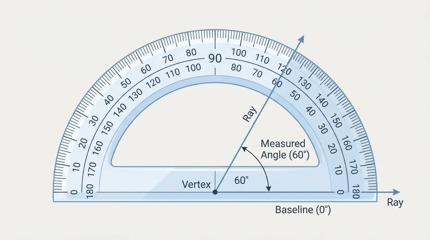 Angle being measured with a protractor aligned at the vertex and baseline, showing where to read the scale