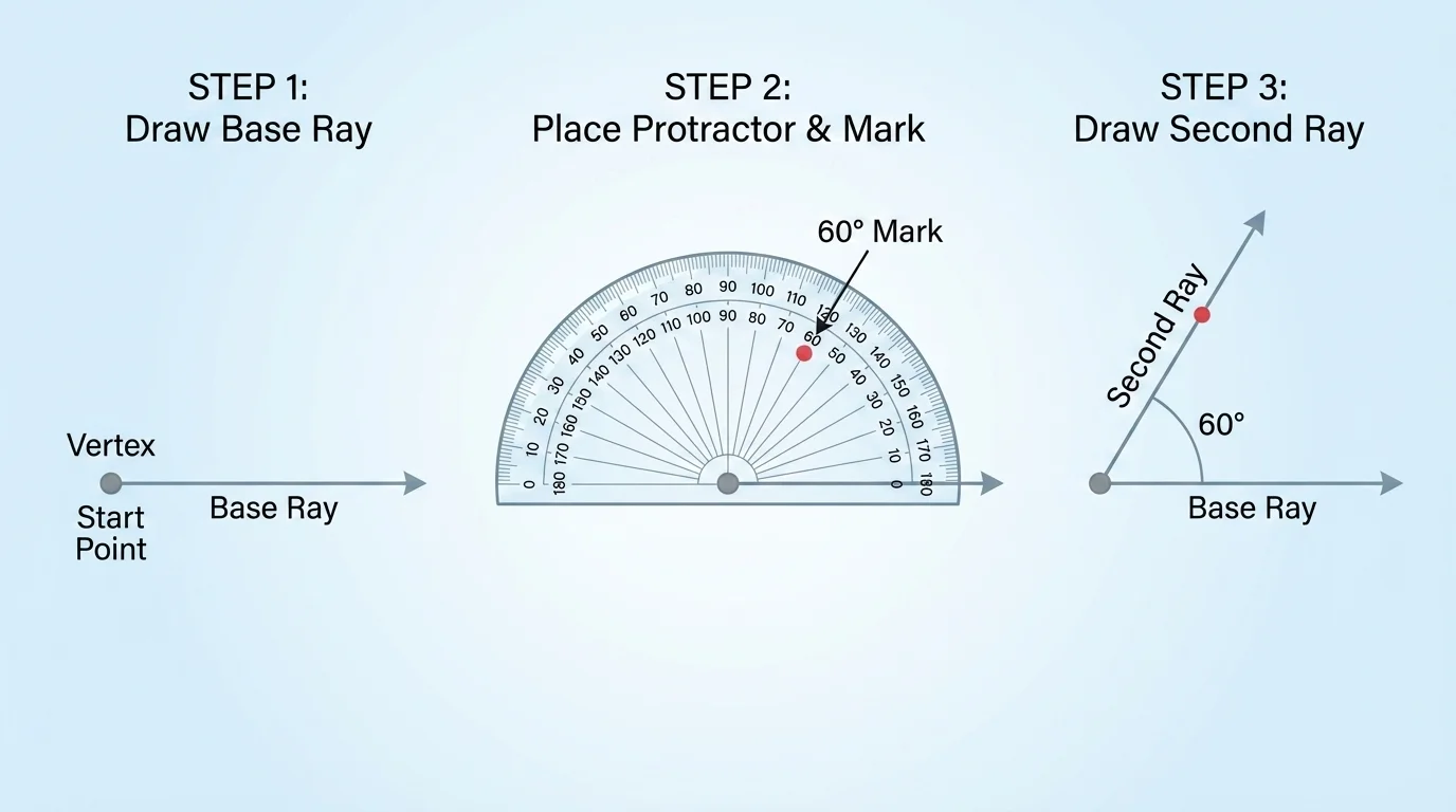 Step-by-step sketch of a 60-degree angle using a base ray, protractor mark, and second ray
