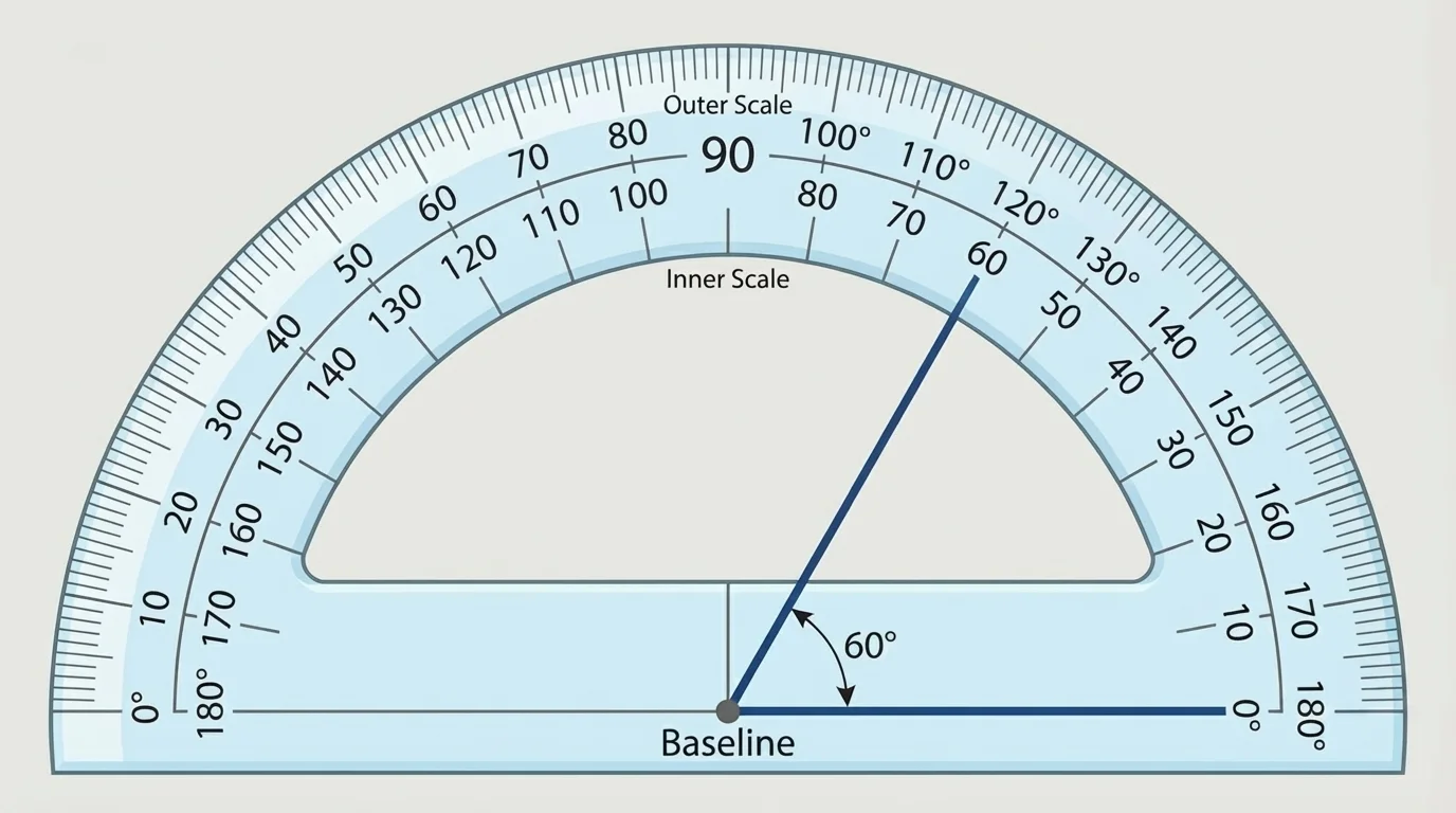 Protractor with center mark, baseline, and two number scales labeled clearly