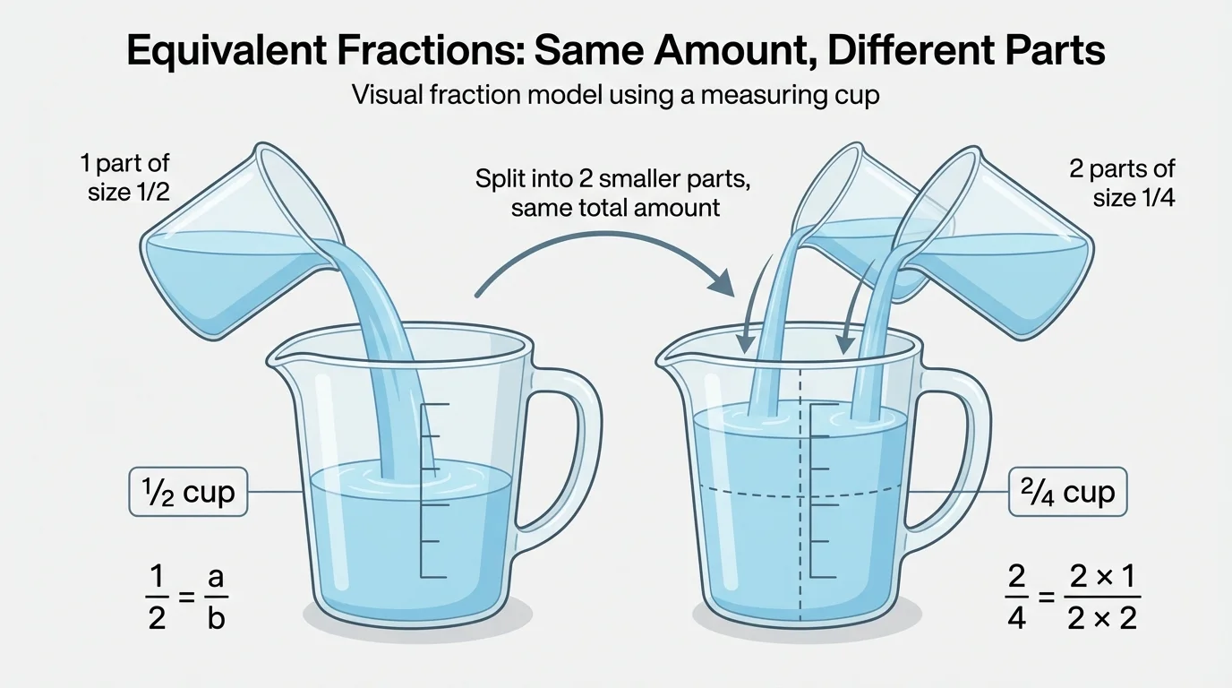 Measuring cup and recipe ingredients with half-cup level matched to two quarter-cup pours