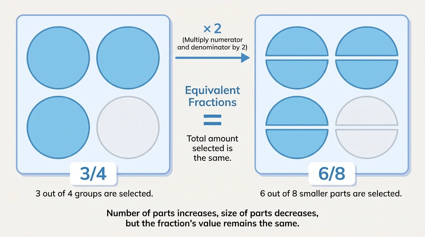 Set model of four equal groups with three selected, then each group split into two matching smaller groups to show six of eight selected