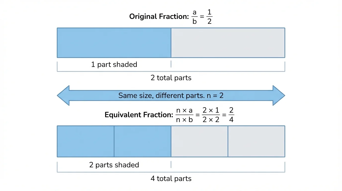 Rectangle fraction model with one half shaded, then the same whole partitioned into fourths with two fourths shaded