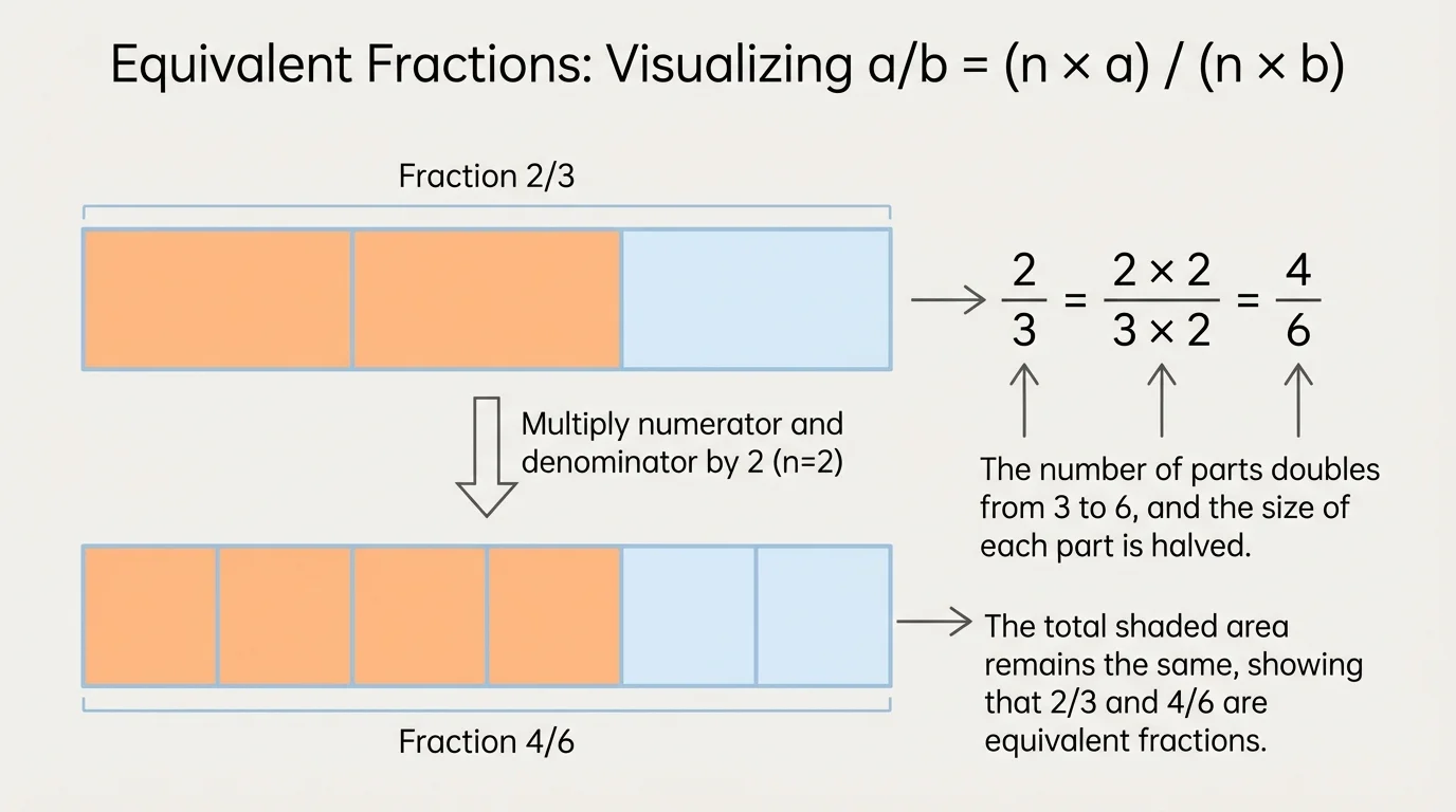 Two equal-length fraction strips, one divided into thirds with two shaded and one divided into sixths with four shaded