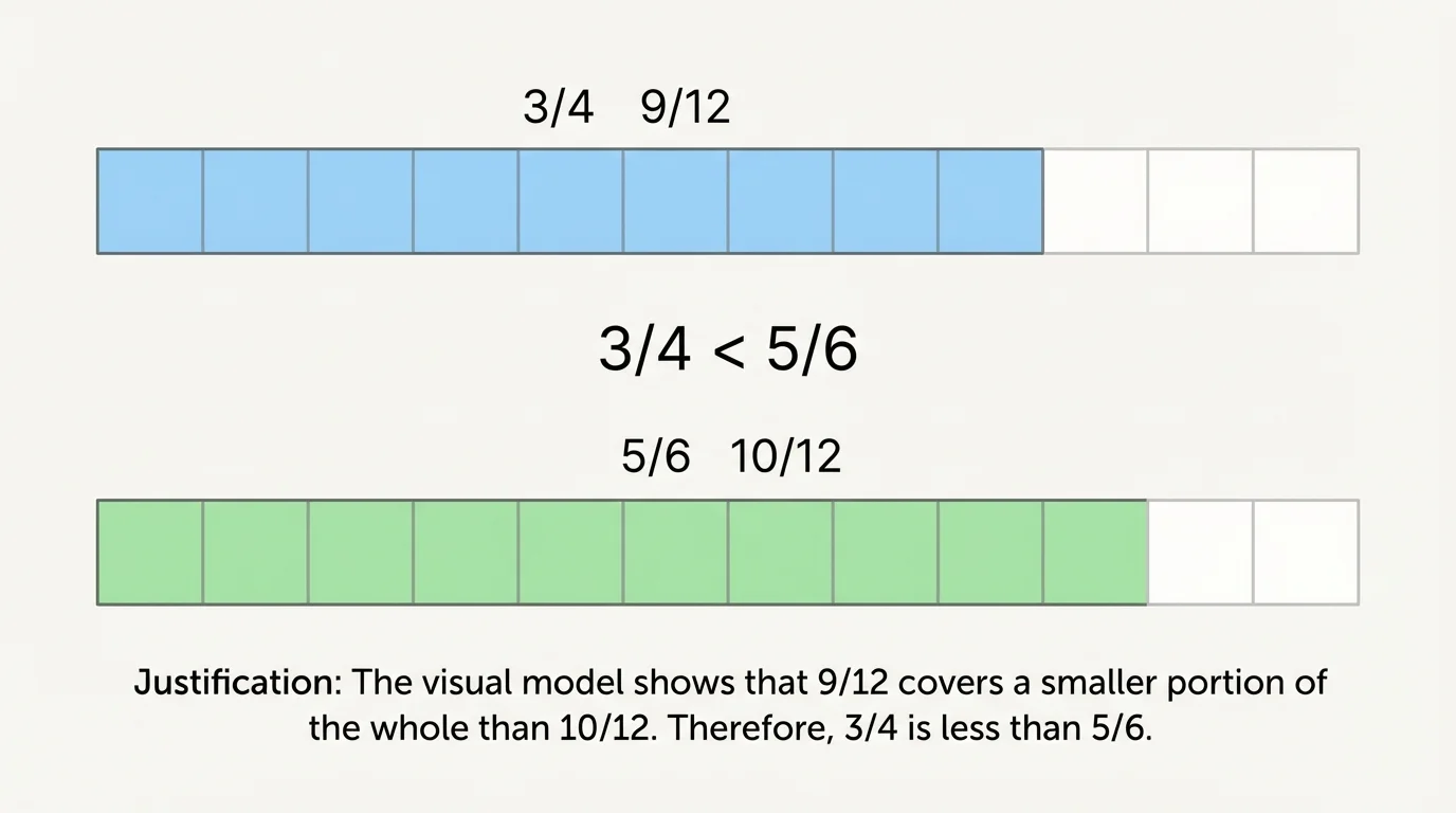 Two equal-length bars partitioned into twelfths showing 3/4 as 9/12 and 5/6 as 10/12