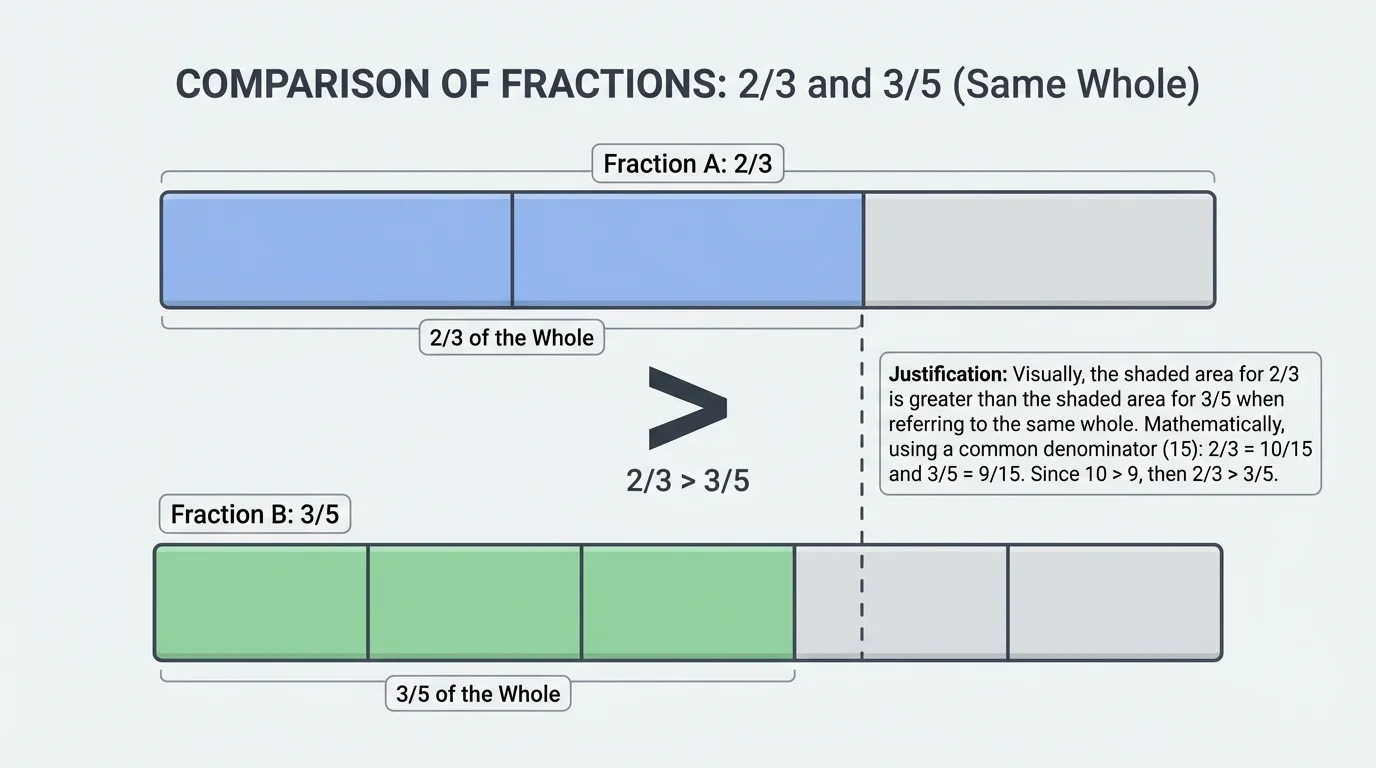 Fraction bars comparing 2/3 and 3/5 using the same whole with shaded parts