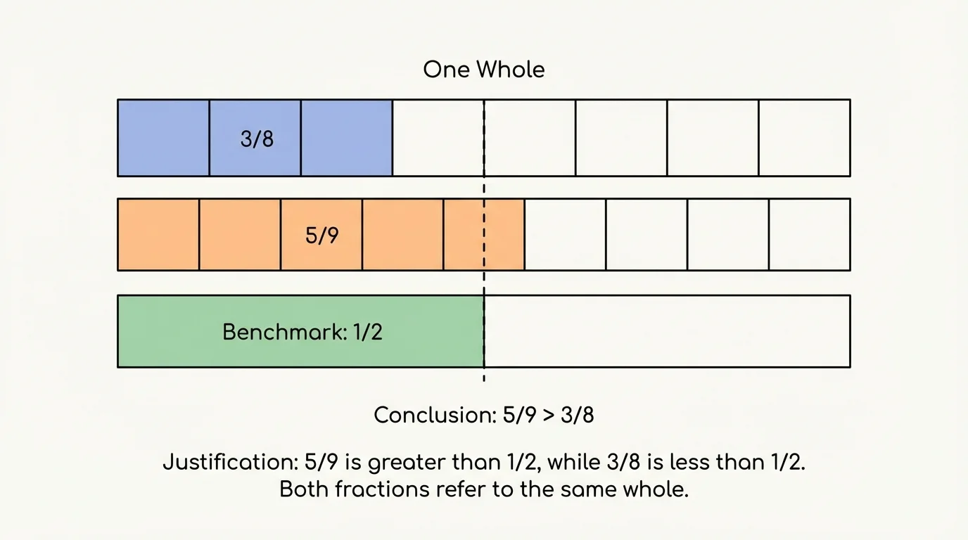 Fraction strips showing 3/8 and 5/9 compared to the benchmark 1/2