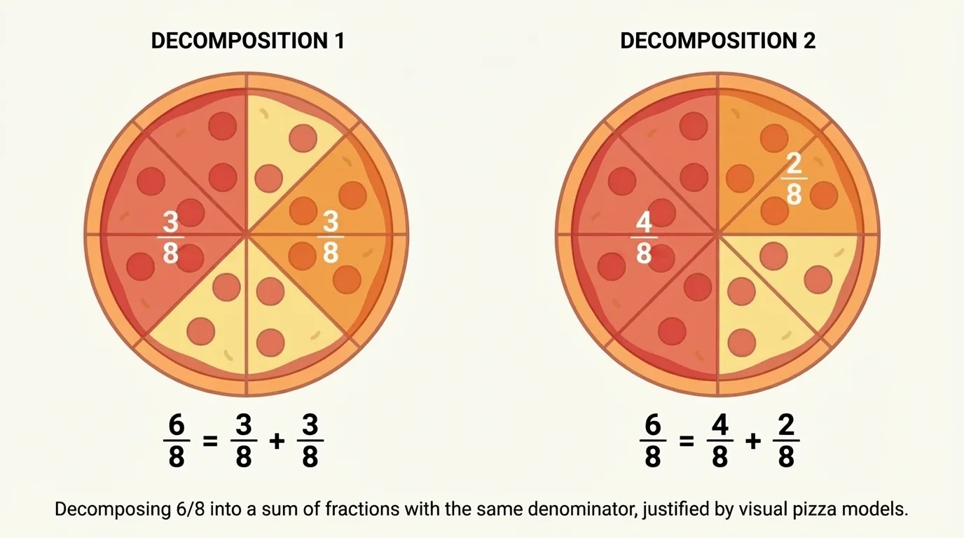 Pizza cut into 8 equal slices with 6 slices indicated and grouped in two different ways
