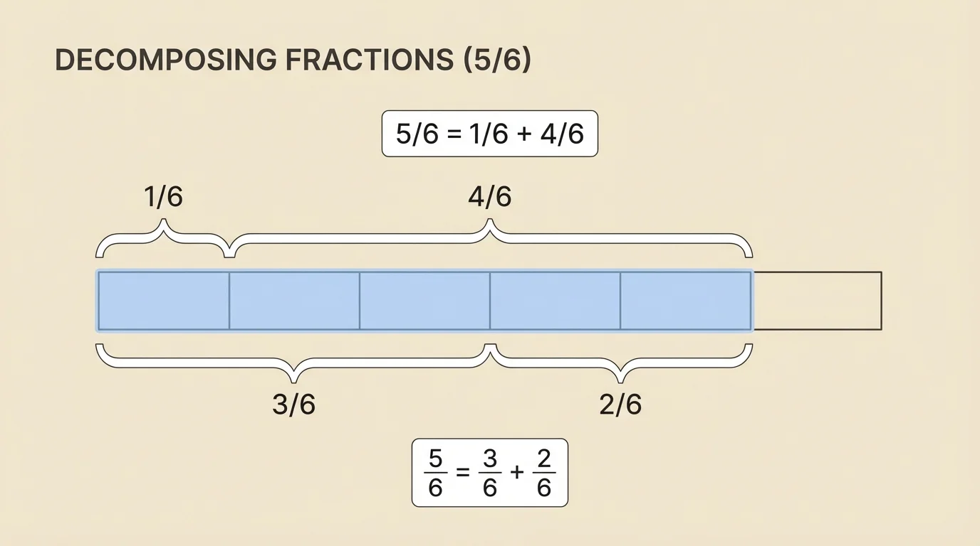 Fraction bar split into 6 equal parts, 5 shaded, with braces showing two different decompositions