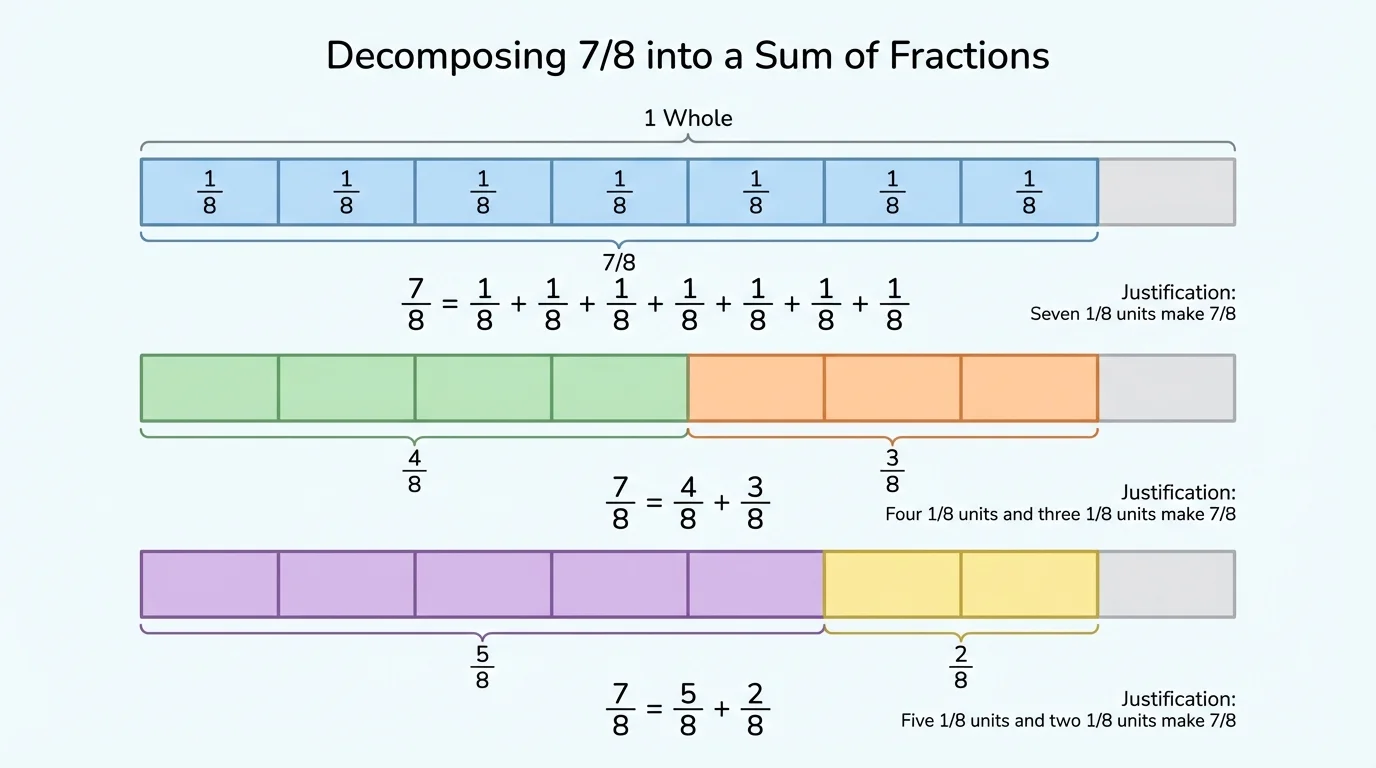 Three aligned fraction strips for 7 eighths showing different equation forms