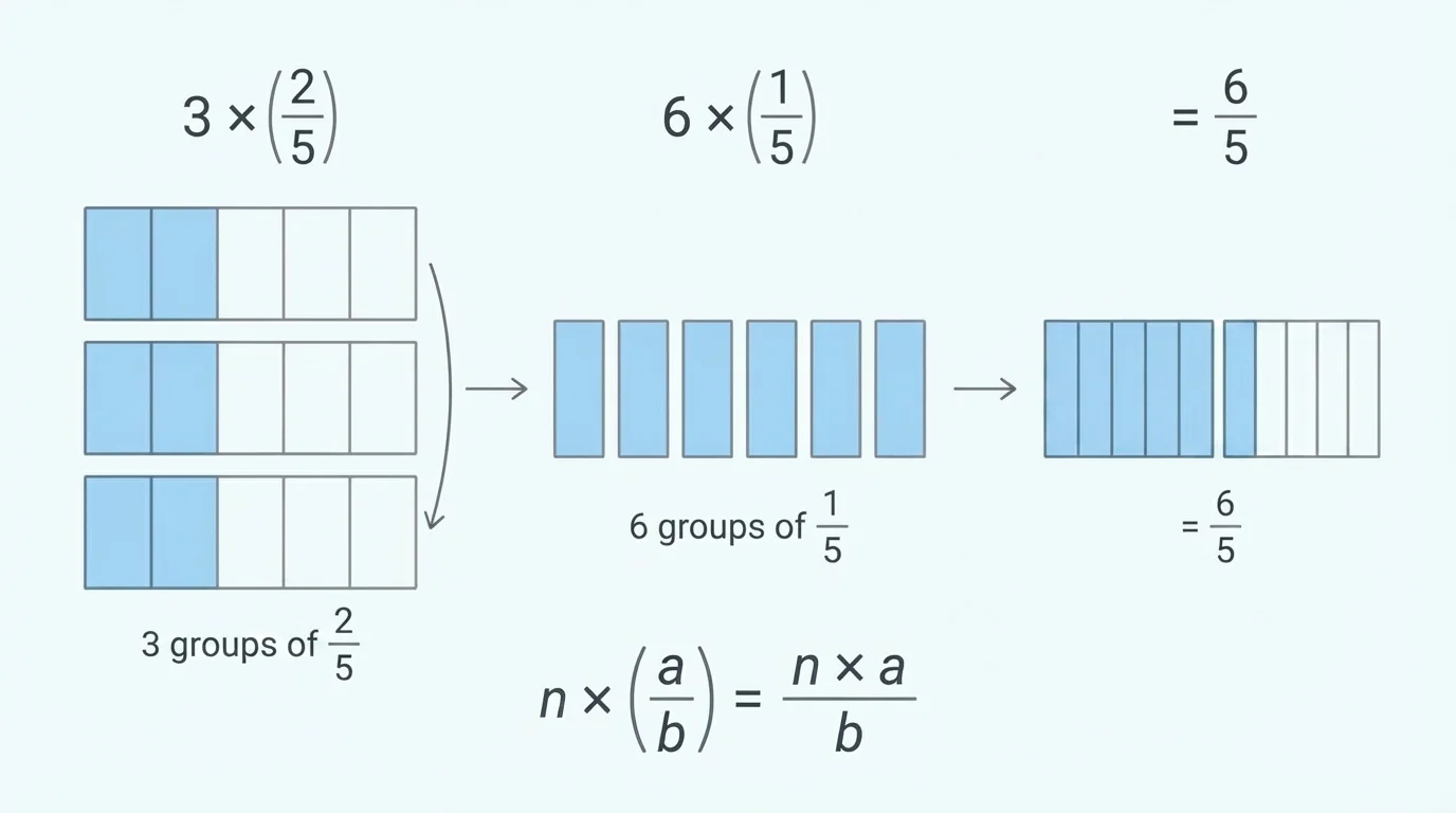Repeated groups of a fraction a over b shown as many one-b parts, highlighting n times a total unit fractions