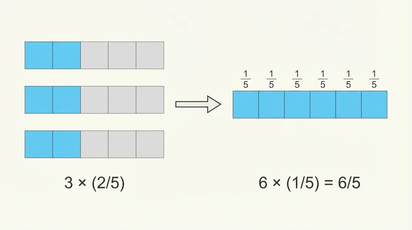 Three fraction bars divided into fifths, with two fifths shaded in each bar and regrouped as six one-fifth pieces