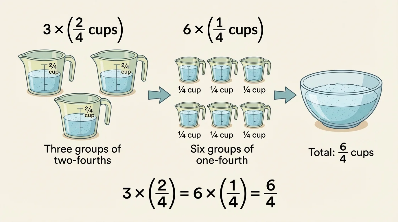 Cooking scene with three scoops of two-fourths cup, combined to show six one-fourth cups total