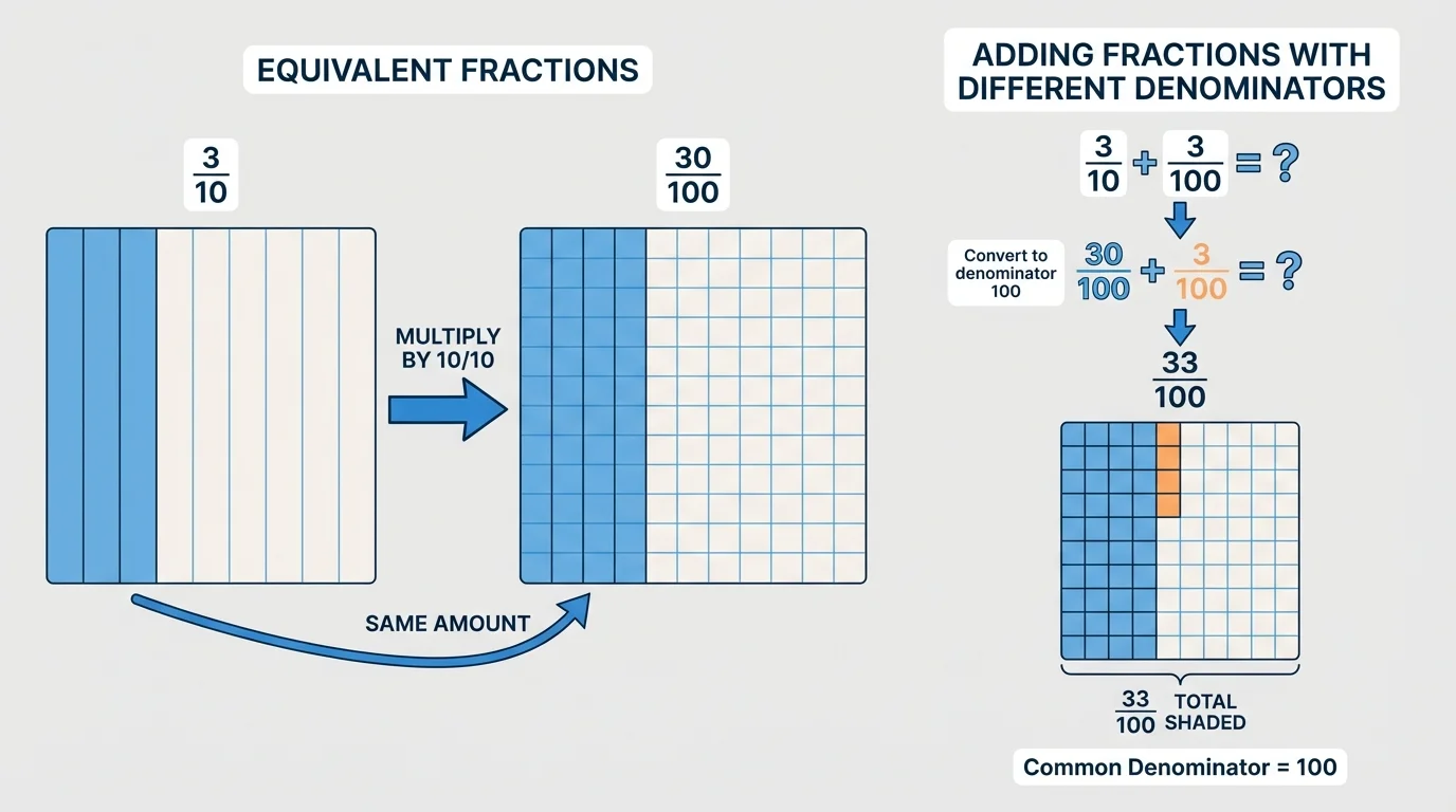 shaded bar split into 10 equal parts with 3 parts shaded next to a 10 by 10 hundredths grid with 30 small squares shaded to show the same amount
