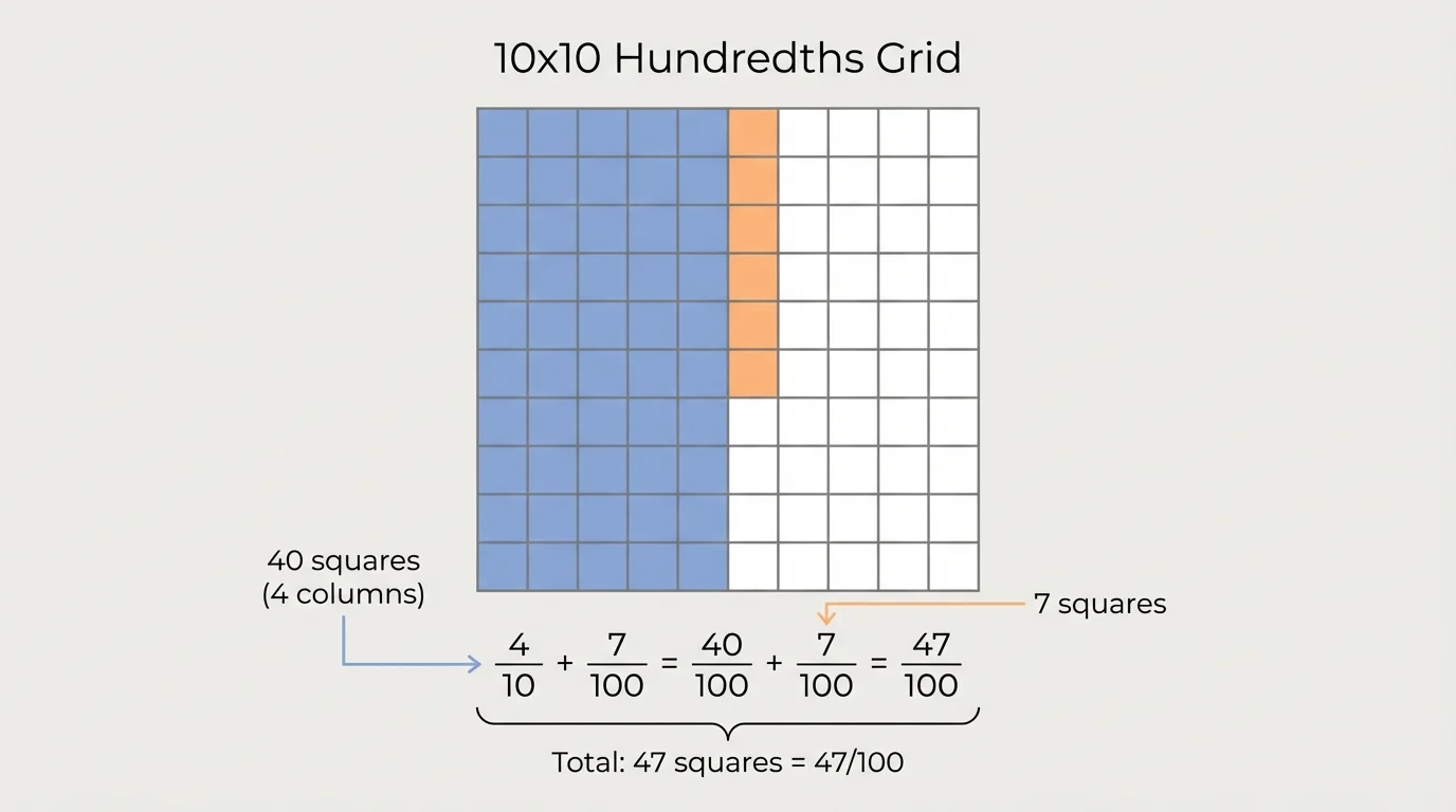 10 by 10 hundredths grid with 40 squares shaded in one color and 7 additional squares shaded in a second color, total 47 shaded