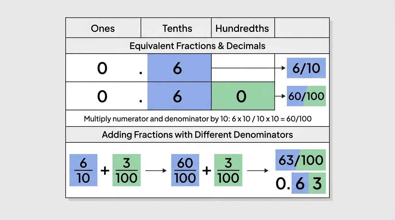 place-value chart with columns ones, tenths, hundredths showing 0.6 and 0.60 along with matching fraction labels 6/10 and 60/100