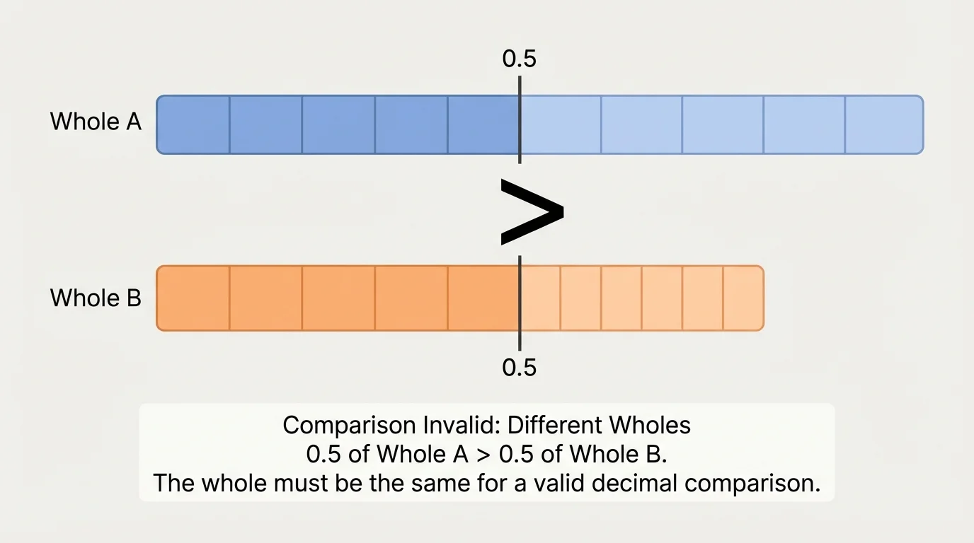 two bars of different lengths, each divided into tenths, with 0.5 marked on both to show that comparisons require the same whole