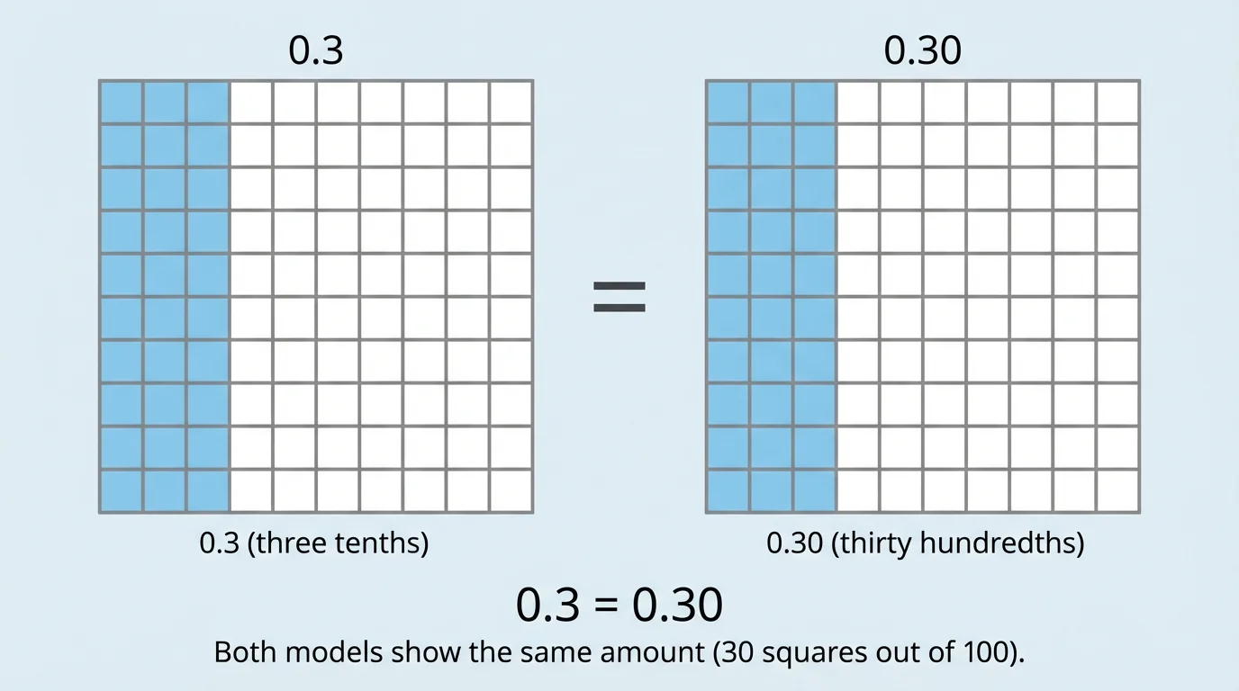 hundred-square grid with one model showing 0.3 shaded and another showing 0.30 shaded to show equal amounts
