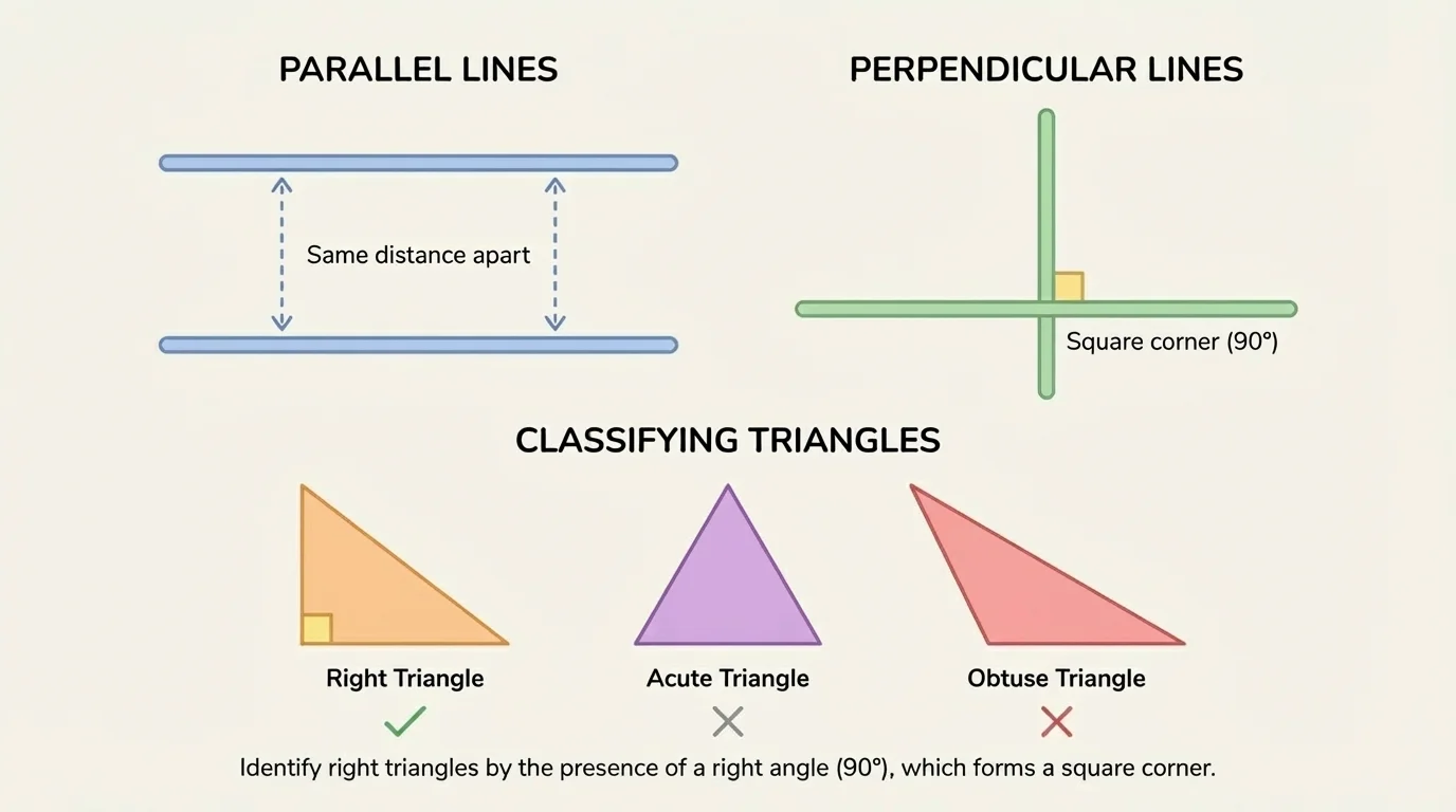 two pairs of line segments, one pair parallel and one pair perpendicular, with simple labels showing same distance apart and square corner
