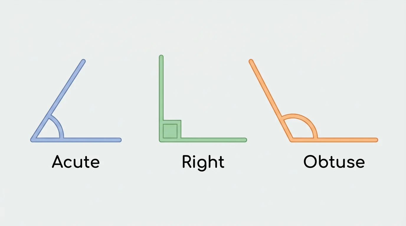 three angles side by side labeled acute, right, and obtuse, with the right angle marked by a small square
