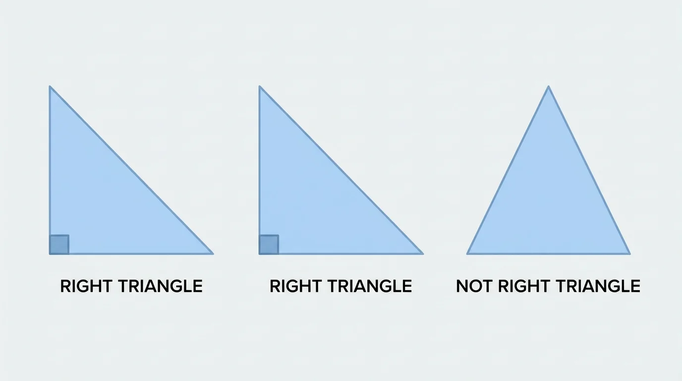 three triangles side by side, two with a square-marked right angle and one without a right angle, simple labels right triangle and not right triangle