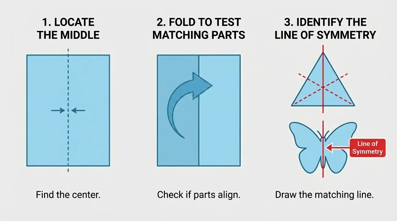 Step-by-step view of finding a line of symmetry on simple shapes by locating the middle and testing matching corners