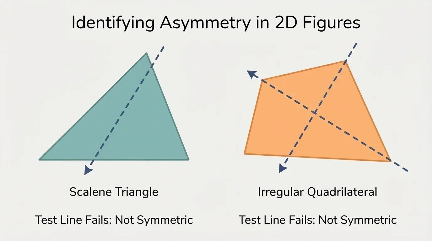 Scalene triangle and irregular quadrilateral with dashed test lines that fail to divide each shape into matching halves
