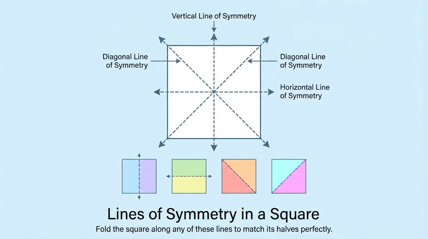 Square with four symmetry lines drawn: vertical, horizontal, and both diagonals, with matching halves lightly shaded