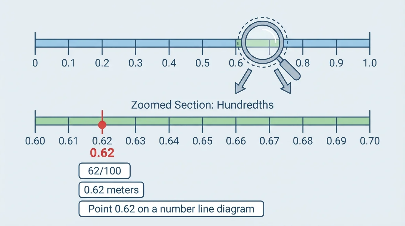 number line from 0 to 1 marked in tenths, with a zoomed section from 0.6 to 0.7 divided into hundredths and the point 0.62 highlighted