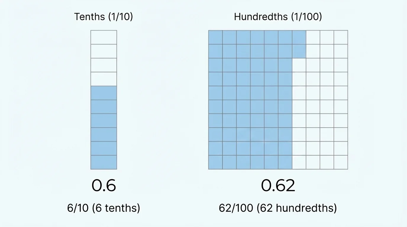 hundred grid and tenths strip showing 6 tenths and 62 hundredths shaded, with matching decimals 0.6 and 0.62