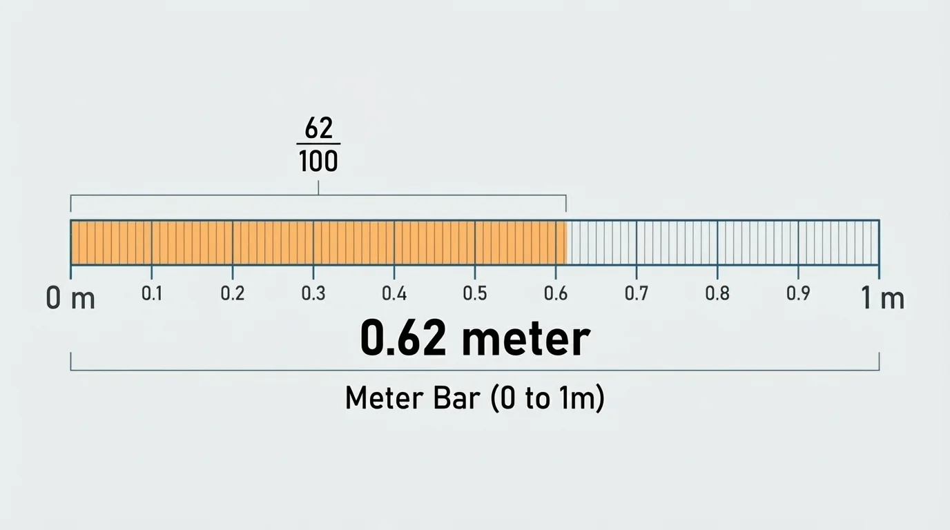 meter bar from 0 to 1 meter divided into 100 equal parts, with 62 parts shaded and labeled 0.62 meter