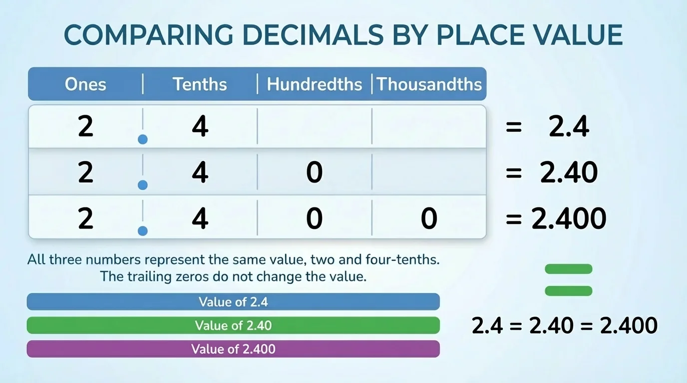 Comparison chart showing 2.4, 2.40, and 2.400 aligned by place value to show equal values