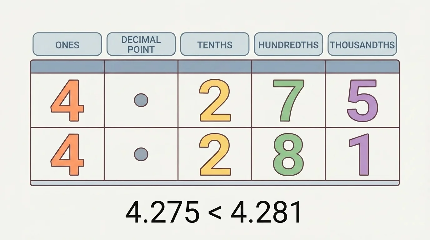 Place value chart with columns ones, tenths, hundredths, thousandths and digits from 4.275