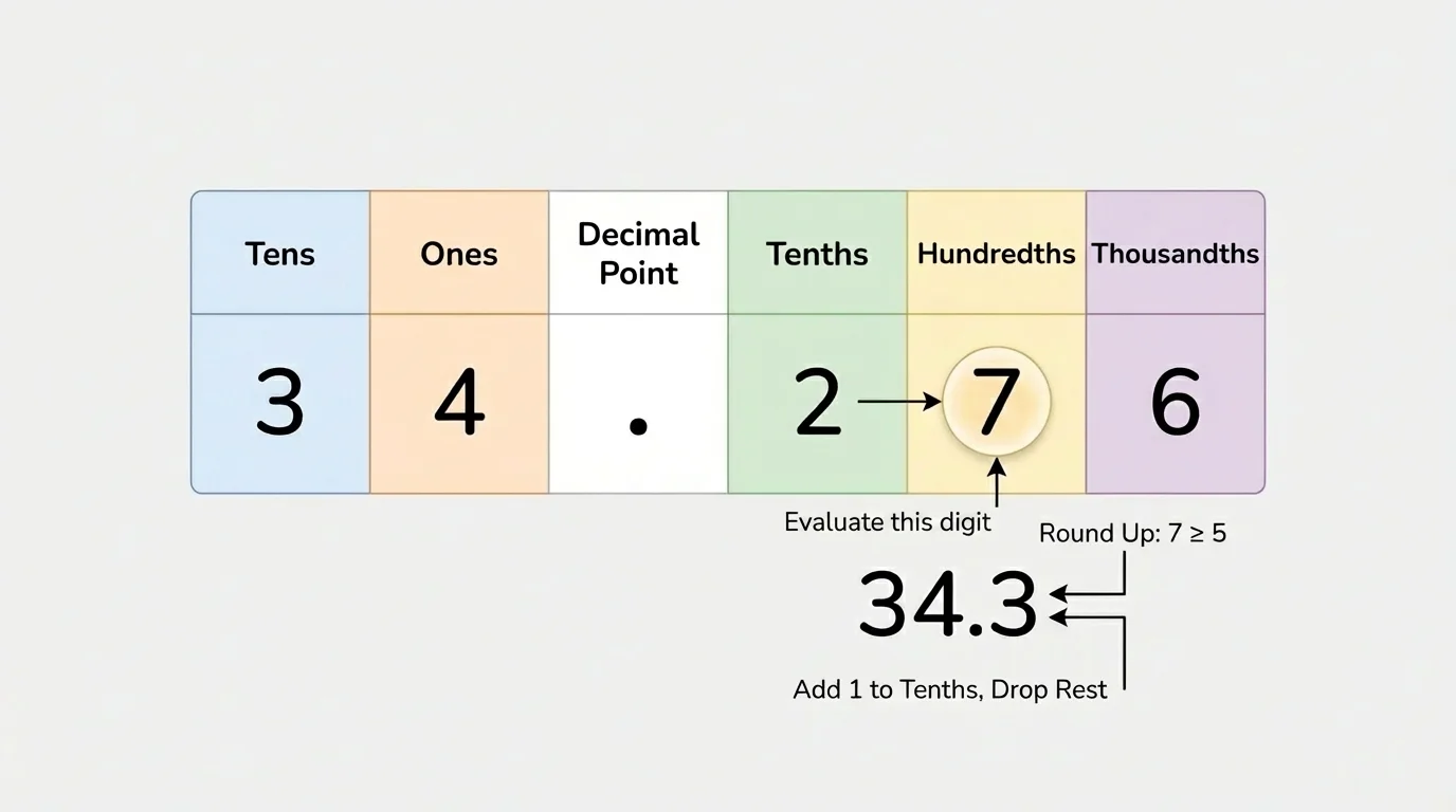 Place value chart with the number 34.276 labeled by place from tens to thousandths