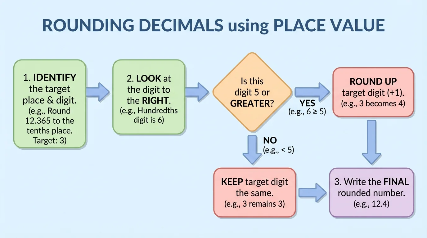 Simple flowchart for rounding decimals by checking the digit to the right of the target place