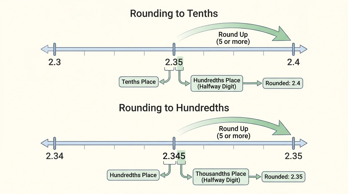 Two decimal number lines showing halfway cases when rounding to tenths and hundredths