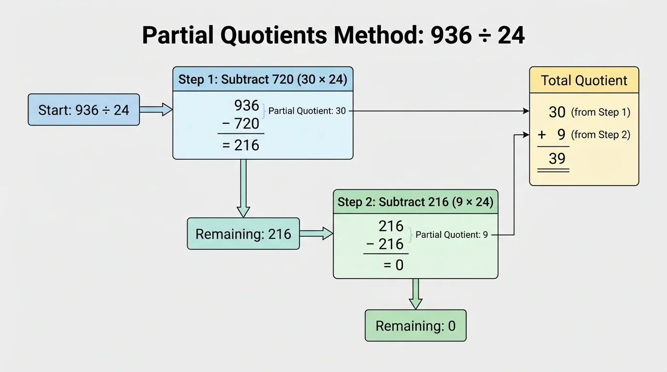 Flowchart of partial quotients for 936 divided by 24, subtracting 720 then 216 to reach 0, with quotient parts 30 and 9