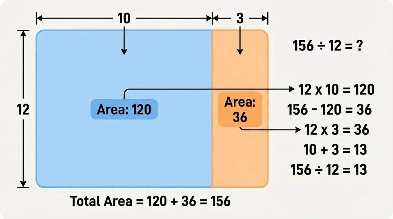 Rectangular area model for dividing 156 by 12, split into sections 120 and 36 with side length 12 and top lengths 10 and 3