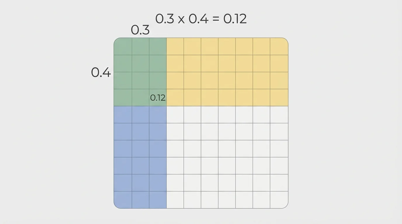 10x10 grid with 3 columns shaded one color for 0.3, 4 rows shaded another color for 0.4, and the 12 overlapping squares highlighted as 0.12