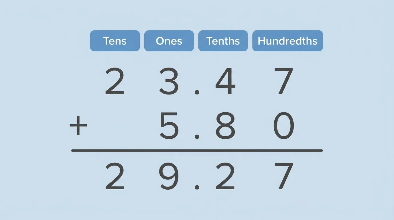 Vertical addition layout for 23.47 + 5.80 with decimal points aligned and columns labeled tens, ones, tenths, hundredths