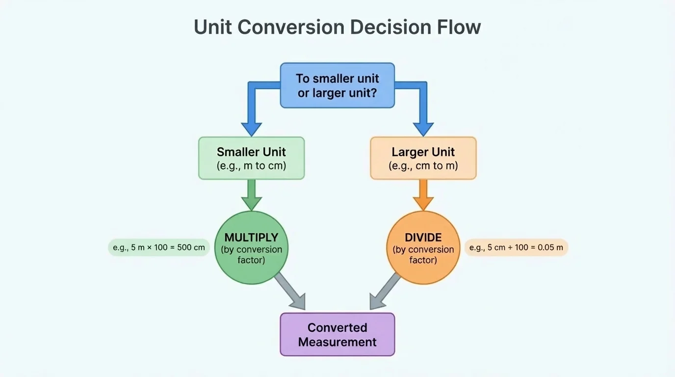 Conversion decision flowchart with question 'To smaller unit or larger unit?' leading to multiply or divide