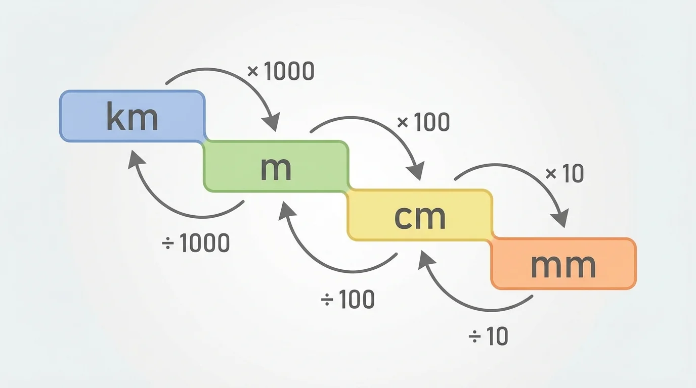 Metric length ladder with km, m, cm, and mm, arrows showing larger to smaller units