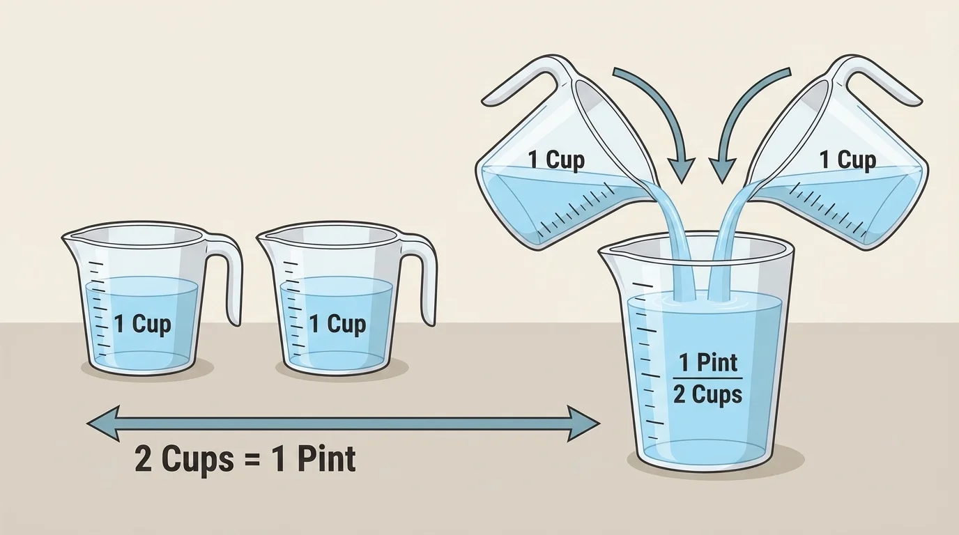 Four measuring cups filling containers, showing total cups grouped into pints