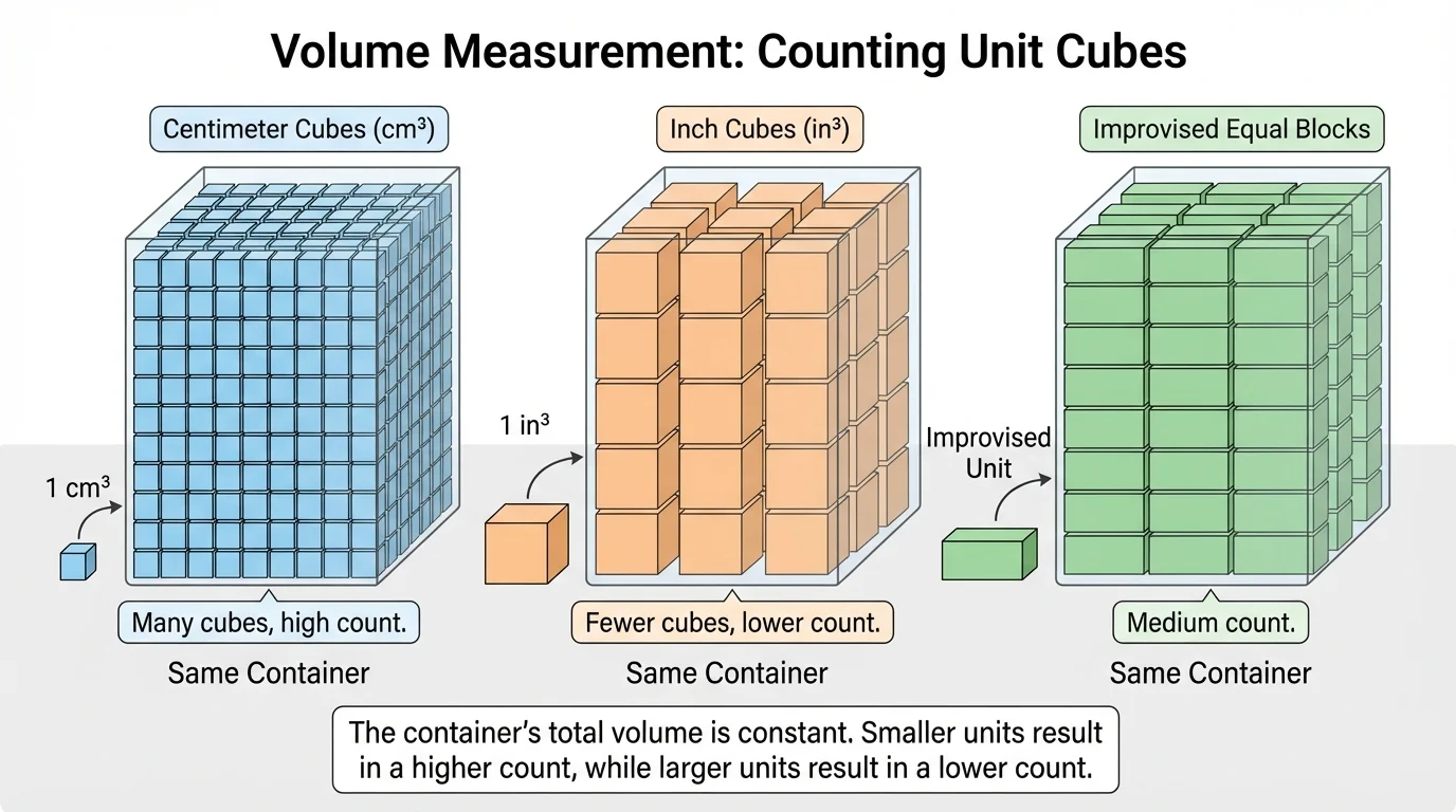 Same container filled in three ways: many tiny centimeter cubes, fewer larger inch cubes, and improvised equal blocks, to compare how unit size changes the count