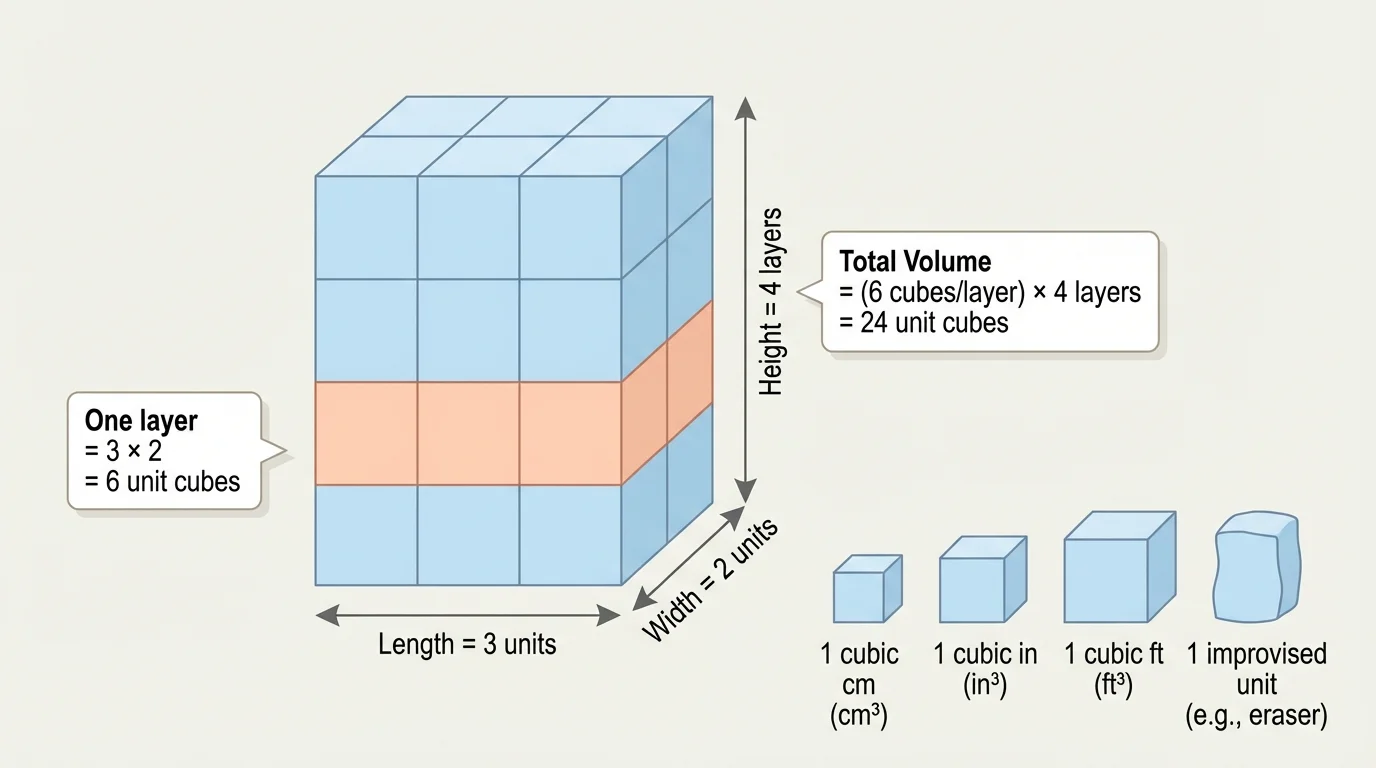 Rectangular prism made of unit cubes with 3 cubes across, 2 cubes deep, and 4 layers high; one full layer shaded to show counting by layers
