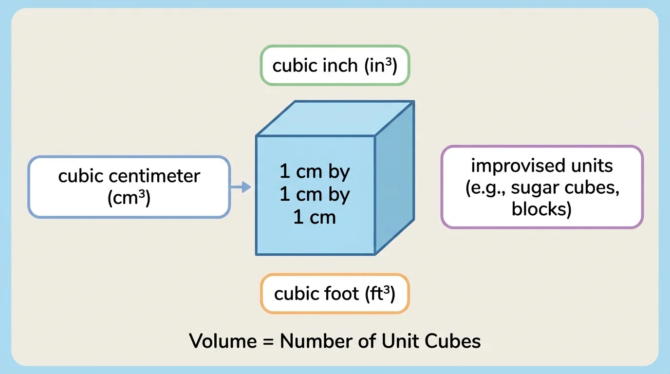 Single unit cube labeled 1 cm by 1 cm by 1 cm, with nearby labels for cubic centimeter, cubic inch, and cubic foot as examples of cubic units