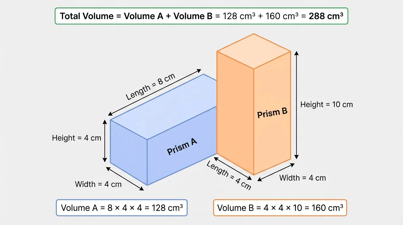 L-shaped solid divided into Prism A and Prism B with dimensions labeled on each prism