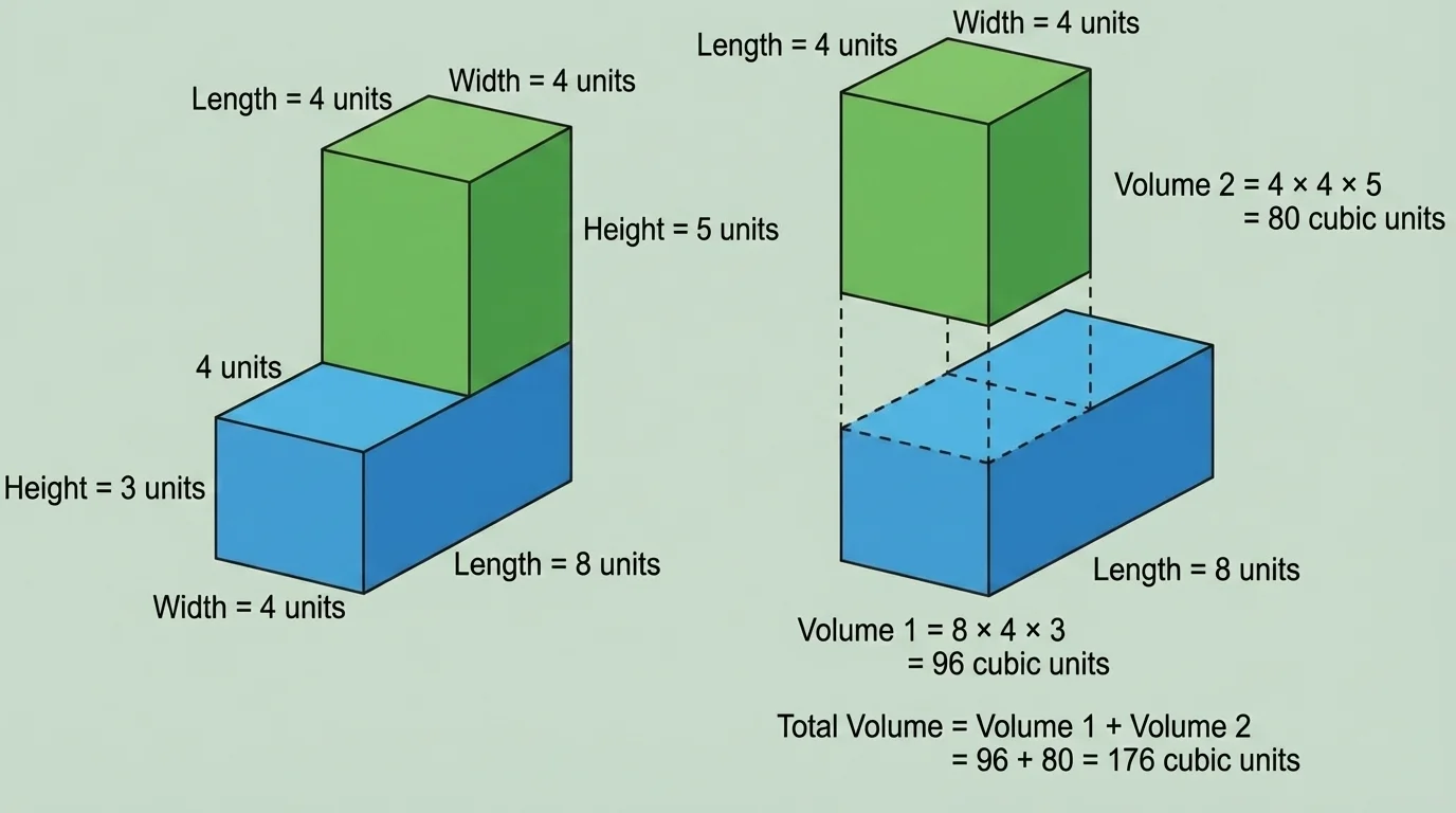 Composite solid separated into two box-shaped prisms with matching edges and labels for length, width, and height